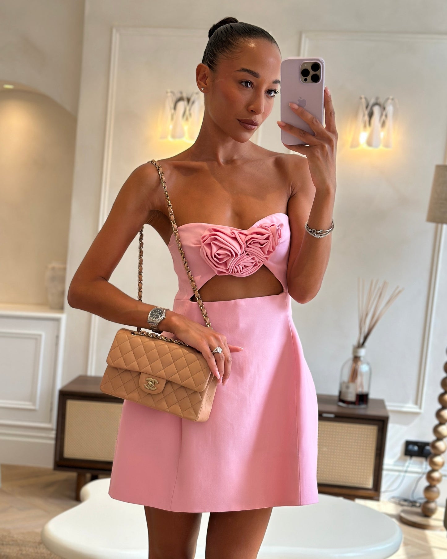 Chanel Beige Small Classic Double Flap Bag in Lambskin Leather with Champagne Gold Hardware