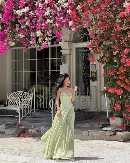 Gentle A Line Spaghetti Strap Green Chiffon Long Prom Dress Party Dress SH3021