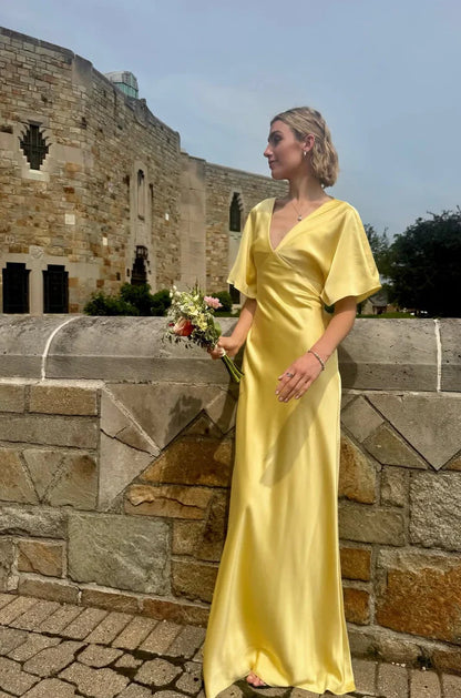 Simple Yellow A Line V Neck Sleeve Satin Long Prom Dress Evening Dress SH3730