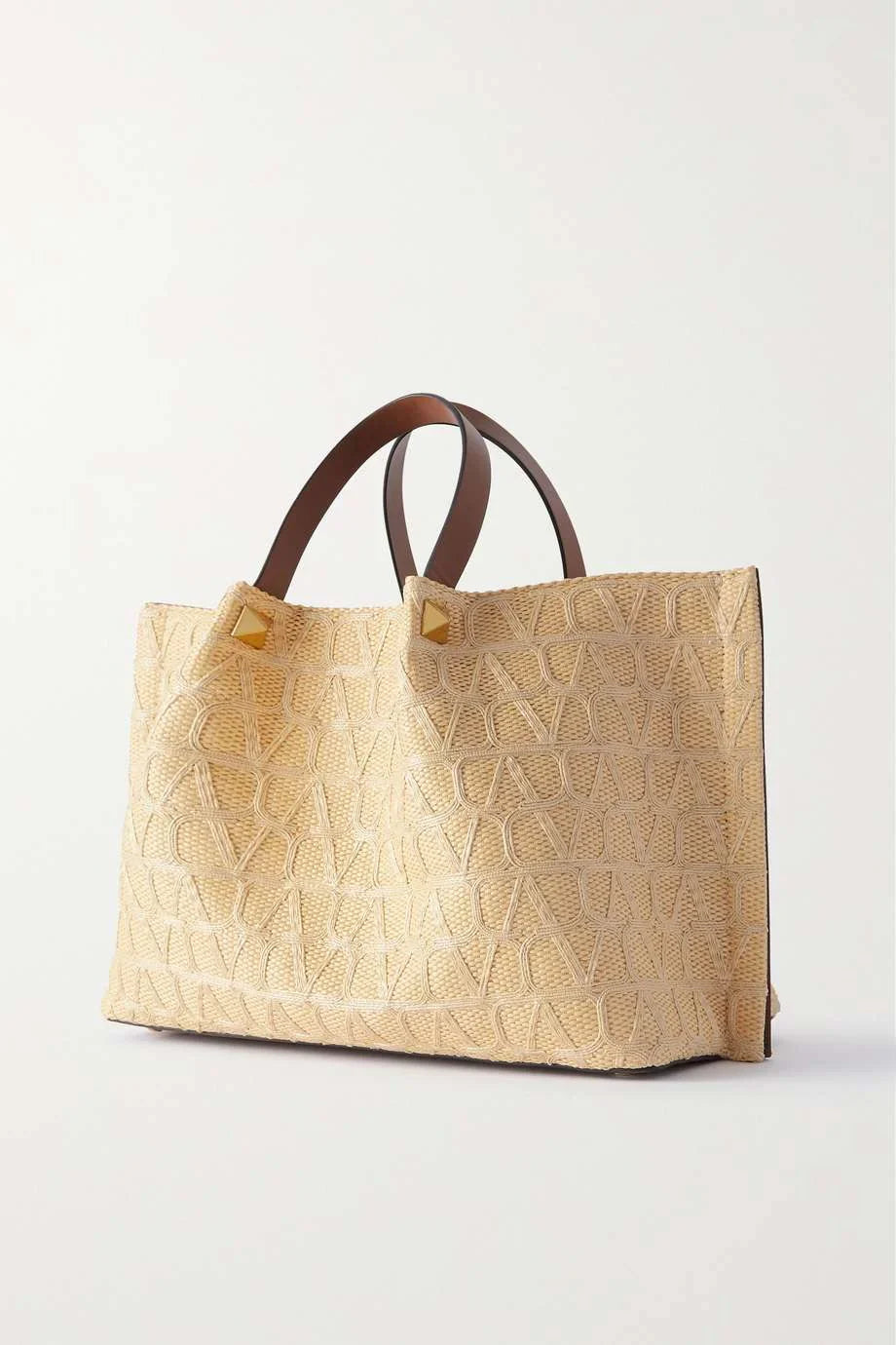 VALENTINO GARAVANI VLOGO medium leather-trimmed embroidered raffia tote