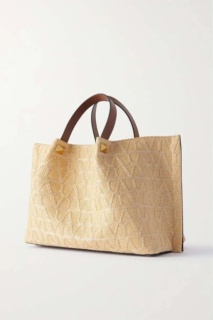 VALENTINO GARAVANI VLOGO medium leather-trimmed embroidered raffia tote
