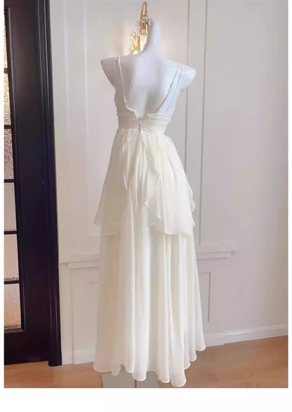 Simple A line Spaghetti Straps White Chiffon Long Ruffles Party Dresses Birthday Dress SD579