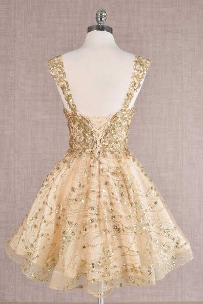 Pretty Gold Lace Butterfly Appliques Short Homecoming Dress Formal 20th Birthday Party Dress S914