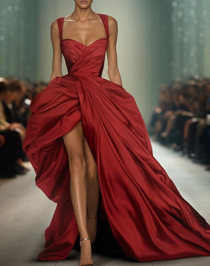 Elegant A Line Strap Burgundy Satin Long Prom Dress Evening Dress with Slit SH2329