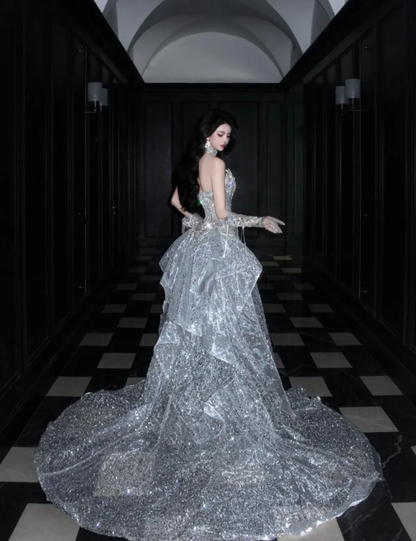 Silver Sequin Shiny Ball Gown Strapless Long Sweep Prom Dress Evening Dress Party Dress SH3617