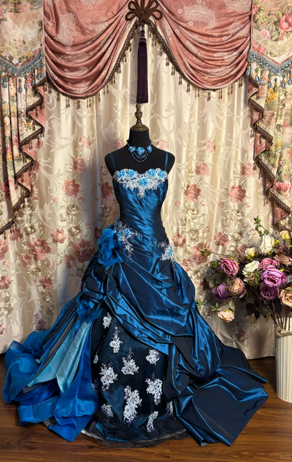 Exquisite Blue Ball Gown Spaghetti Strap Floral Satin Long Prom Dress Evening Dress SH3719
