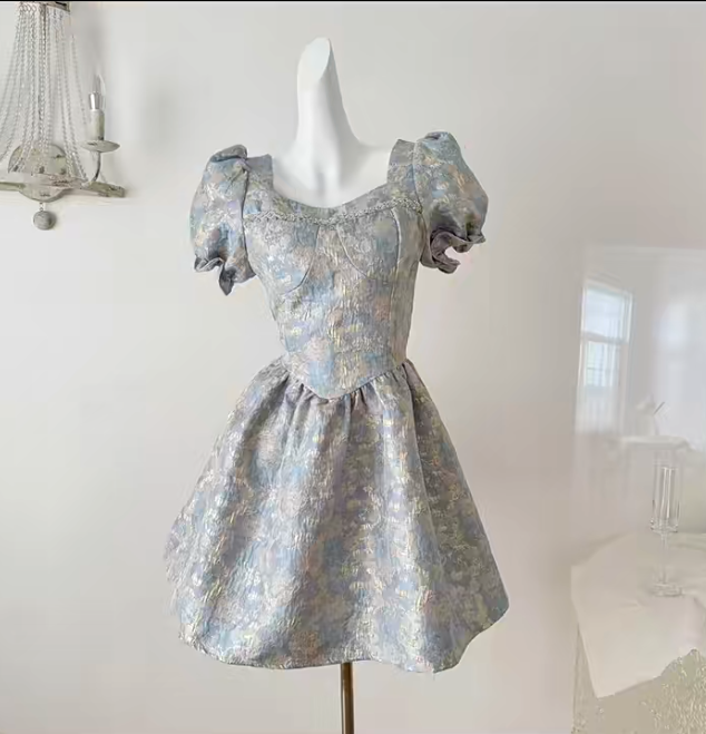 Cute Satin Print Floral Short Sleeves A Line Birthday Outfits Blue Homecoming Dress S403