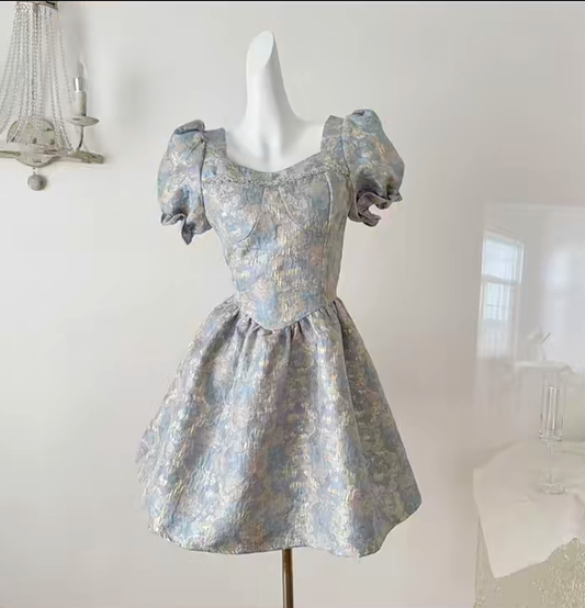 Cute Satin Print Floral Short Sleeves A Line Birthday Outfits Blue Homecoming Dress S403