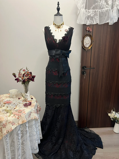 Vintage A Line V Neck Black Lace Tulle Prom Dress Evening Dress with Bow SH2988