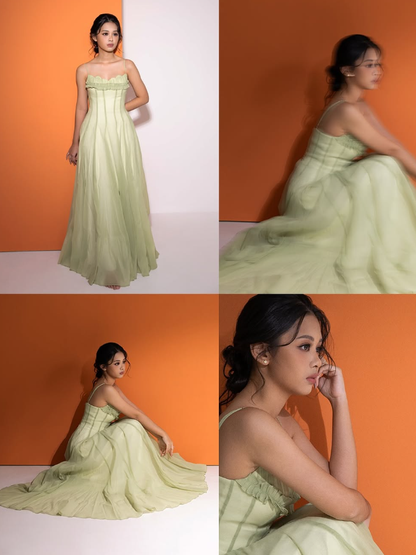 Gentle A Line Spaghetti Strap Green Chiffon Long Prom Dress Evening Dress SH2629