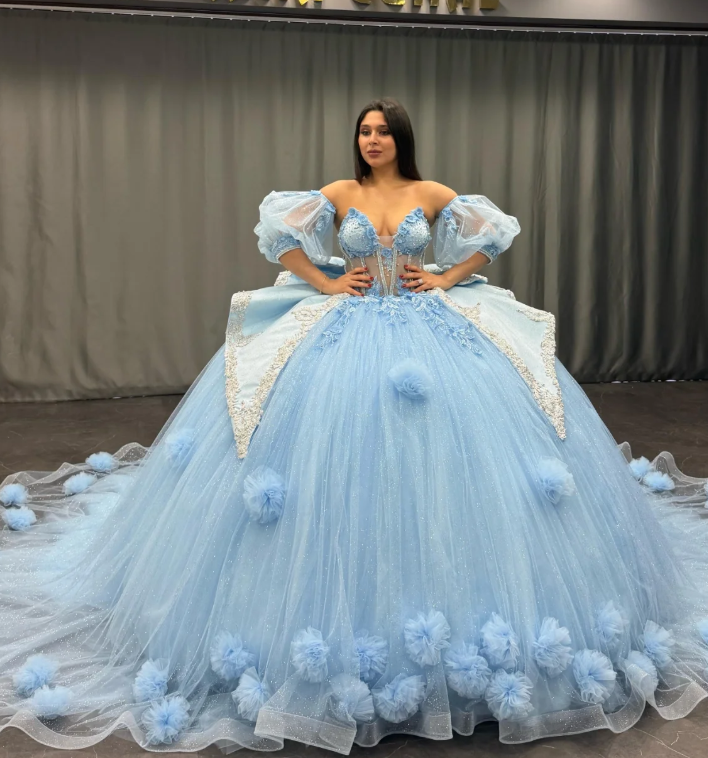 Romantic Poofy Baby Blue Floral Puff Sequin Tulle Ball Gown Quinceanera Dress SH3268