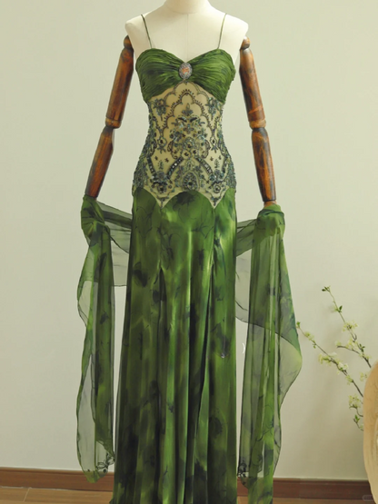 Green A Line Spaghetti Strap Beaded Chiffon Prom Dress 18th Birthday Dress SH3898