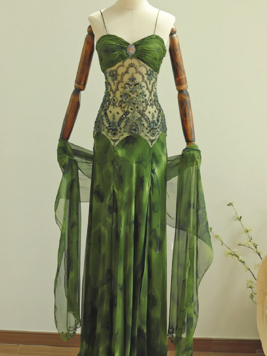 Green A Line Spaghetti Strap Beaded Chiffon Prom Dress 18th Birthday Dress SH3898