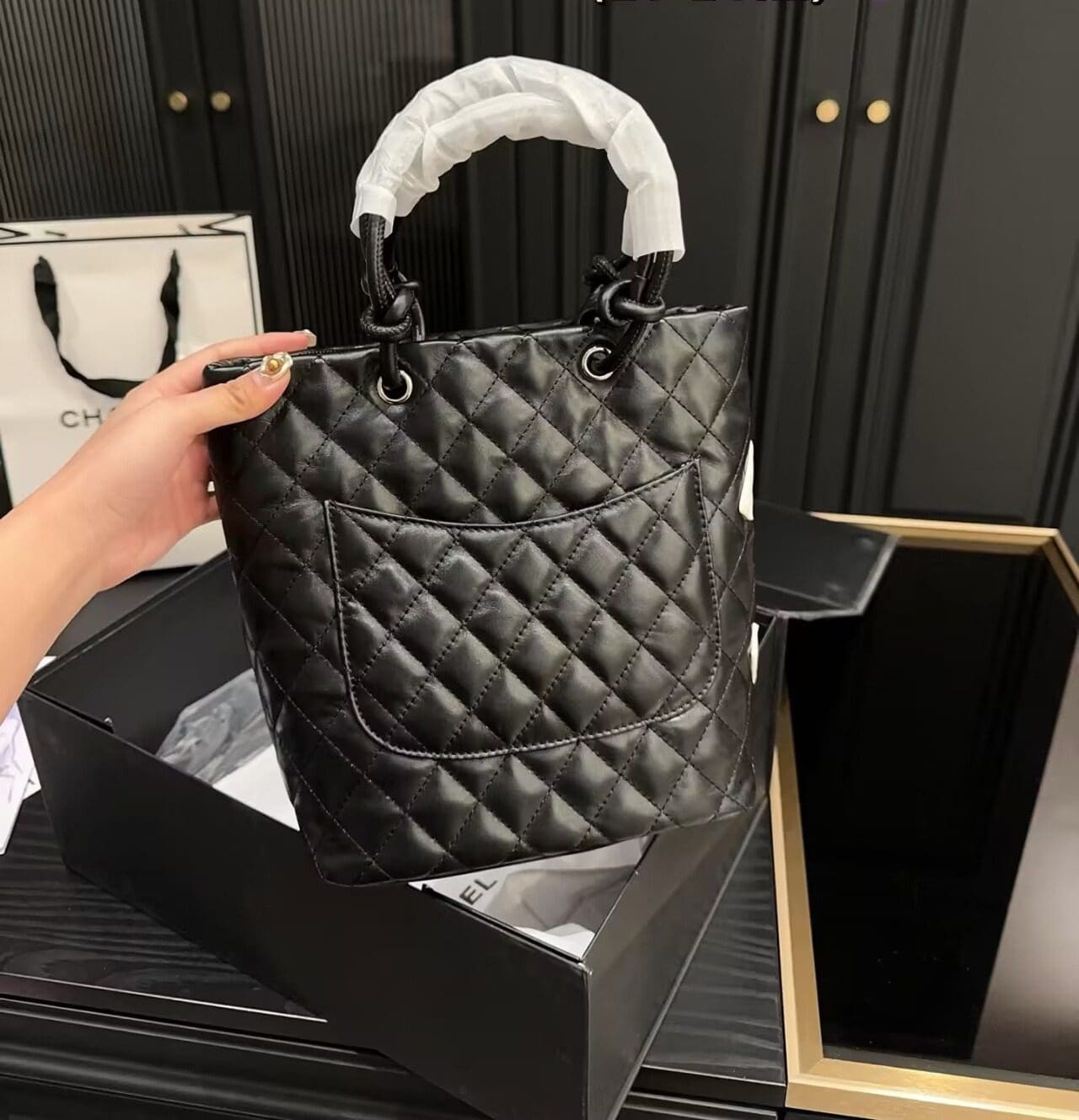 Chanel Black Quilted Lambskin Leather Medium Cambon Tote