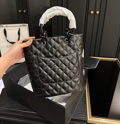 Chanel Black Quilted Lambskin Leather Medium Cambon Tote