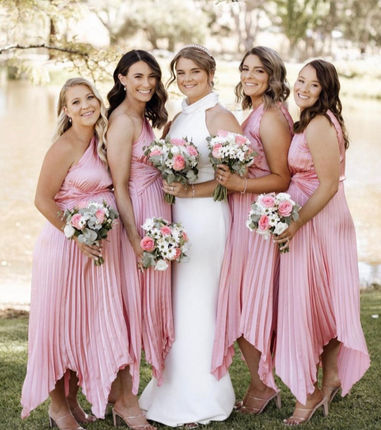 Elegant A Line One Shoulder Pleated Pink Satin Bridesmaid Dress Evening Dress SH3055