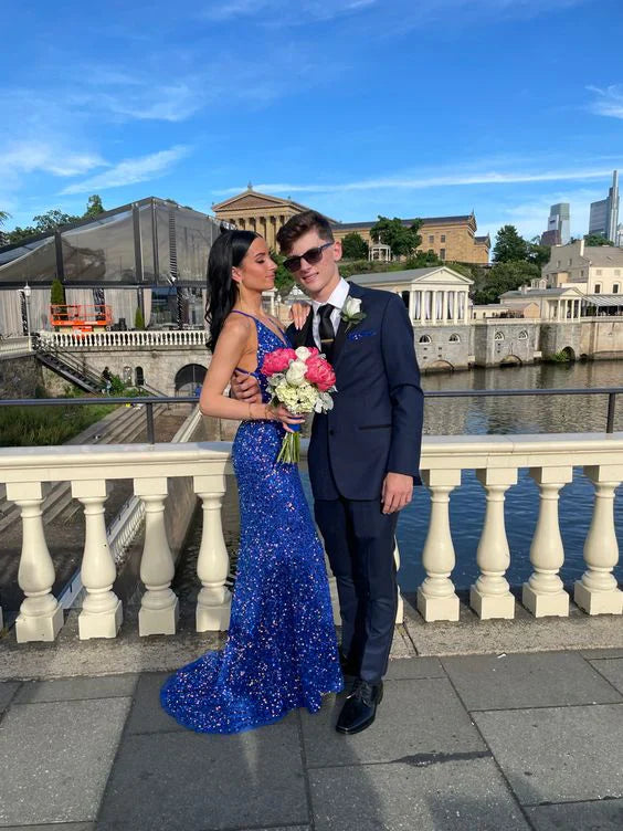 Blue V-Neck Mermaid Prom Dress