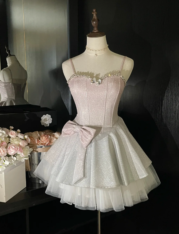 Glitter Spaghetti Straps Sweetheart Neck A Line Short Homecoming Dress Birthday Outfits S655
