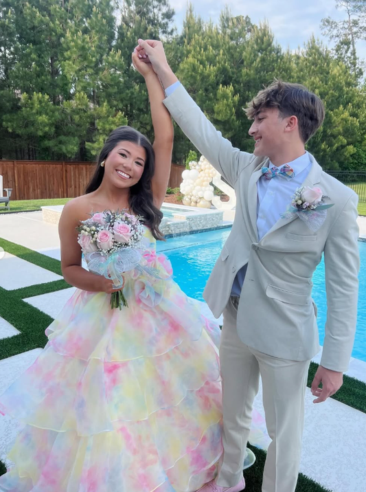 Unique A Line Strapless Tiered Chiffon Long Prom Dress Evening Dress SH2305