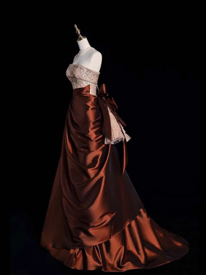 Vintage Strapless Satin Beaded  A Line Evening Dress Prom Gown S194