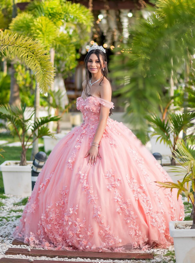 Pink Sweetheart Neck Corset 3D Flower Tulle Ball Gown Sweet 16 Dress Quinceanera Dress SH2162