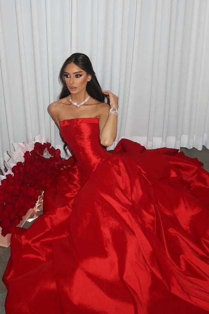 Charming A Line Strapless Red Satin Long Prom Dress Evening Dress SH2080