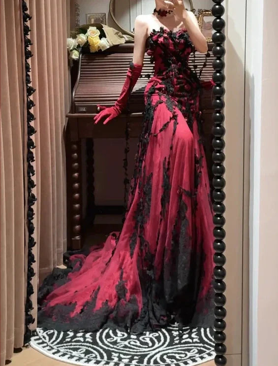Burgundy Mysterious Red Rose Gorgeous Exquisite Lace Tulle Long Floor-Length Trailing Ball Gown Evening Gown gh4253