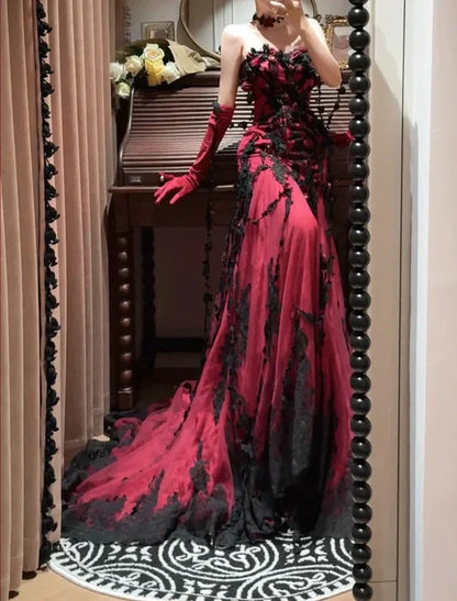 Burgundy Mysterious Red Rose Gorgeous Exquisite Lace Tulle Long Floor-Length Trailing Ball Gown Evening Gown gh4253