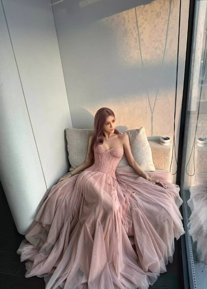 Pink Princess A Line Sweetheart Neck Tulle Lace Long Prom Dress Party Dress Birthday Dress SH3755