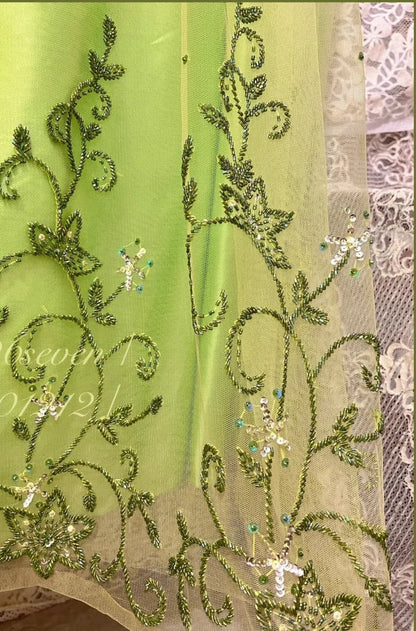 Green exquisite beaded vintage fashion floral long satin tulle ball gown evening dress gh4433