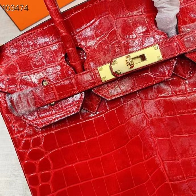 H A SHINY SANGUINE POROSUS CROCODILE BIRKIN 30 WITH GOLD HARDWARE RED 30CM