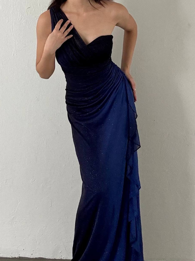 Elegant Sheath One Shoulder Navy Blue Ombre Chiffon Long Prom Dress Evening Dress SH2608