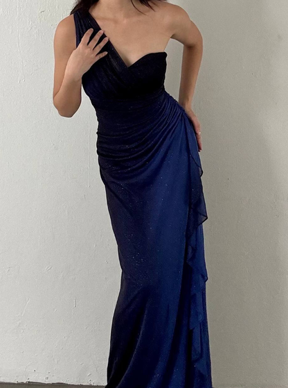 Elegant Sheath One Shoulder Navy Blue Ombre Chiffon Long Prom Dress Evening Dress SH2608