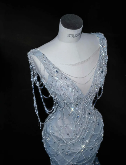 Blue Mermaid V Neck Rhinestone Tulle Long Prom Dress Party Dress SH3248