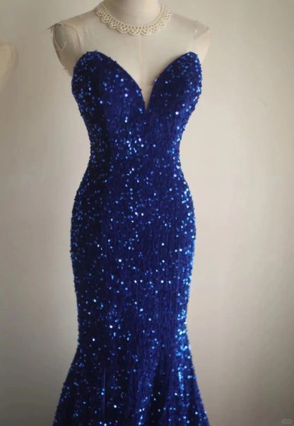 Royal blue fishtail evening dress custom velvet Sequins beaded side slit pleated wedding adult ceremony birthday party gh4326
