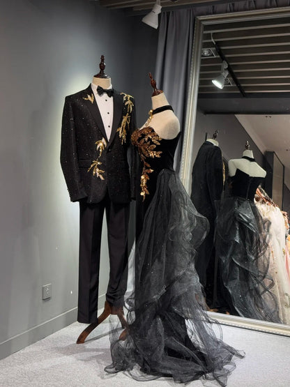 preppydressess -Black shiny elegant long gold sequined tulle trailing ball gown evening gown graduation gown gh5108