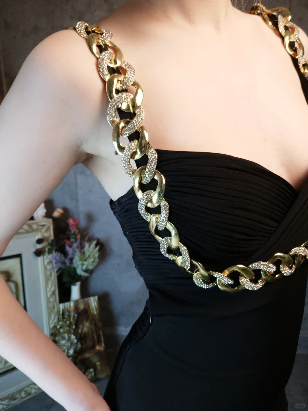 Vintage black gold chain backless mermaid ball gown sexy elegant evening dress party dress gh4802