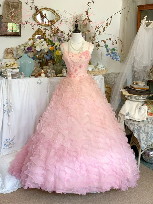 Pink Floral Long Tulle Ball Gown Evening Gown Quinceanera Dresses Wedding Gown gh4578
