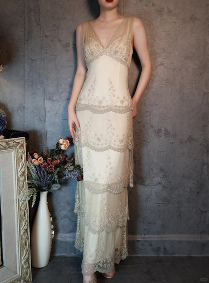 Ivory romantic beautiful gentle vintage long lace beaded layered cake ball dress evening dress party dress gh4795