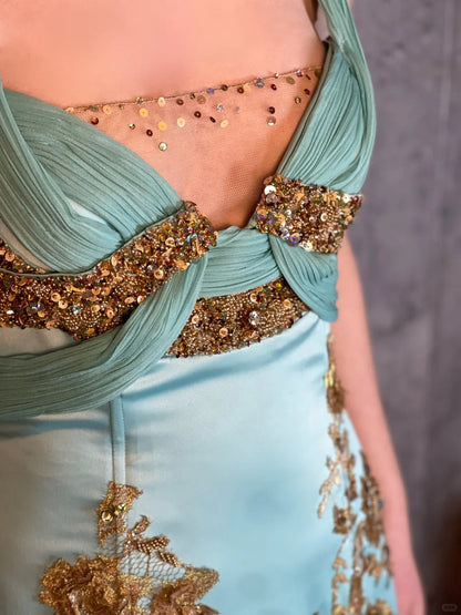 Mint blue vintage beaded lace embroidery beautiful macarons gold embroidered flowers romantic ball gown evening dress party dress gh4803