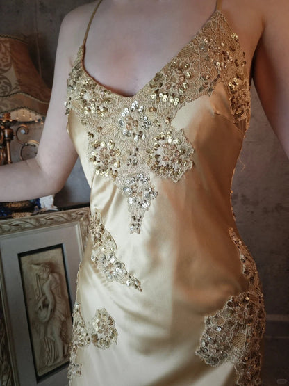 Champagne gold satin beautiful vintage beaded lace ball gown evening dress party dress gh4793