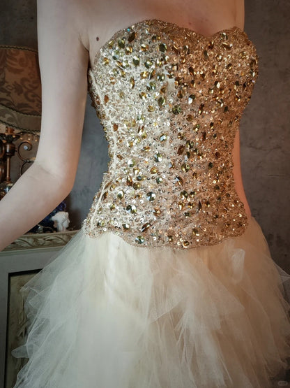 Ivory white gorgeous beautiful vintage long tulle yellow crystal beaded princess style fluffy ball gown evening dress party dress gh4796