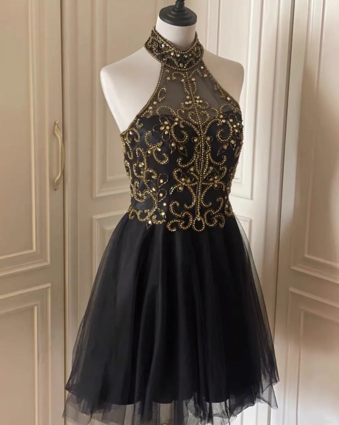 Black Gold Beaded Short Tulle Homecoming Dress Prom Dress Birthday Party Dress gh4848