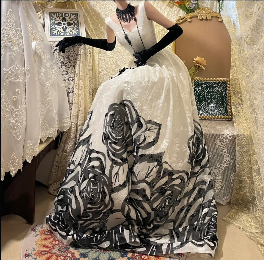 _£ï_Blooming black roses gorgeous retro dark night rose dress Hepburn-feel long tulle ball gown evening dress gh4338