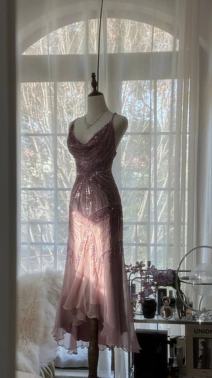 Pink Purple Romantic Fashion Elegant Exquisite Beaded Spaghetti Strap Long Tulle Chiffon Ruffle Ball Gown Evening Gown Party Dress gh4059