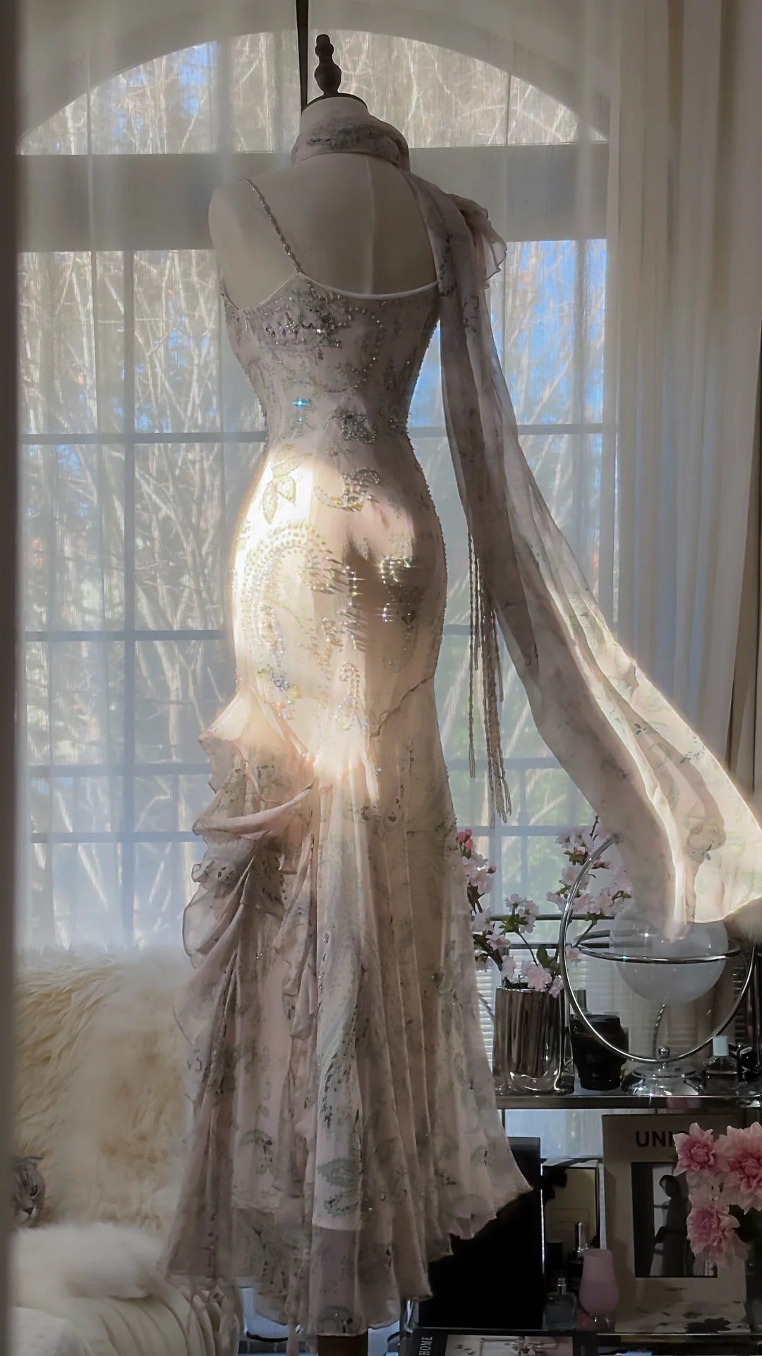 Pink Romantic Fashion Elegant Exquisite Beaded Spaghetti Straps Long Tulle Chiffon Ruffle Ball Gown Evening Dress Party Dress gh4057