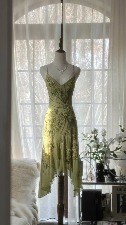 Green Romantic Fashion Elegant Delicate Floral Appliqué Beaded Spaghetti Straps Midi/Short Chiffon Ruffle Ball Gown Evening Gown Party Gown gh4060