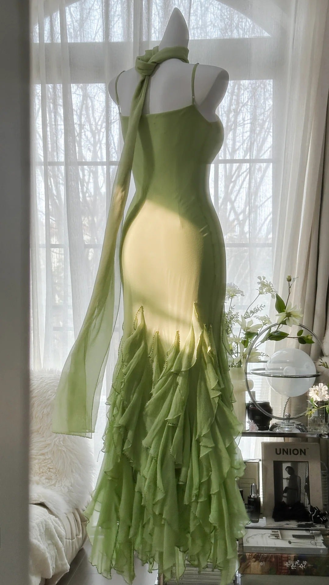 Green Stylish Elegant Spaghetti Straps Long Ruffled Mermaid Slim Fit Chiffon Ball Gown Birthday Party Dress Evening Dress Prom Dress gh3976