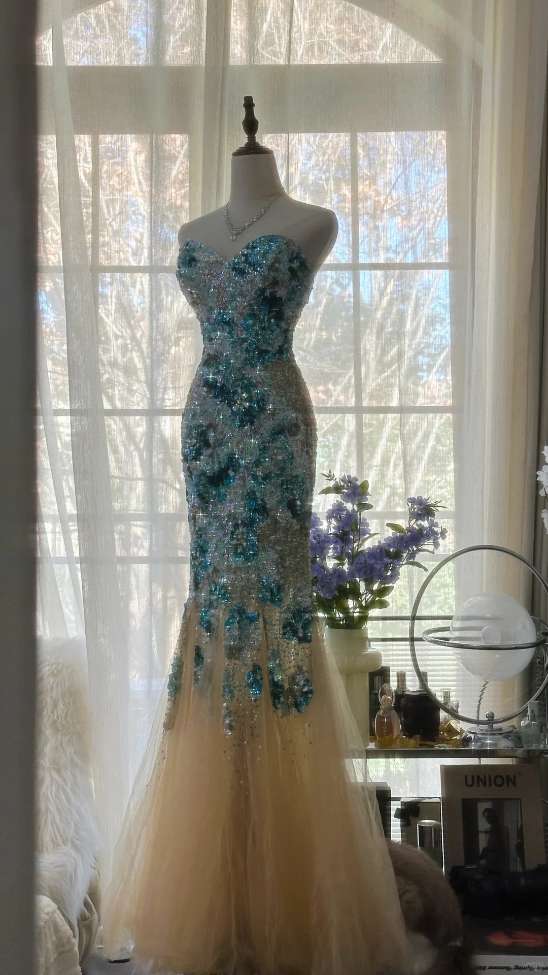 Blue Gorgeous Shiny Exquisite Beaded Long Chiffon Tulle Sequin Ball Gown Evening Gown Party Gown Birthday Gown Date Gown gh4162