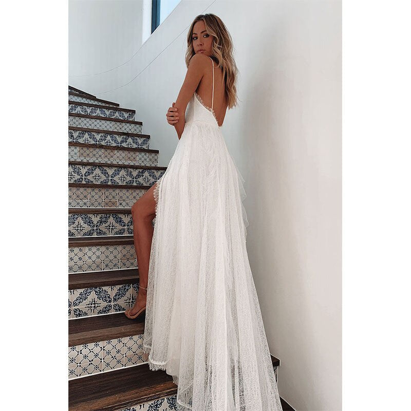 loveedsTM- Woman Wedding Maxi Slip Dress Summer Sexy Bridesmaid Banquet White Split V Neck Backless Lace Female Long Elegant Evening Dress
